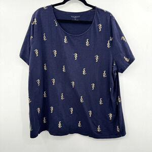 Talbots Cotton Novelty T-Shirt Size 3X Blue Gold Seahorse Beachy Novelty Cotton